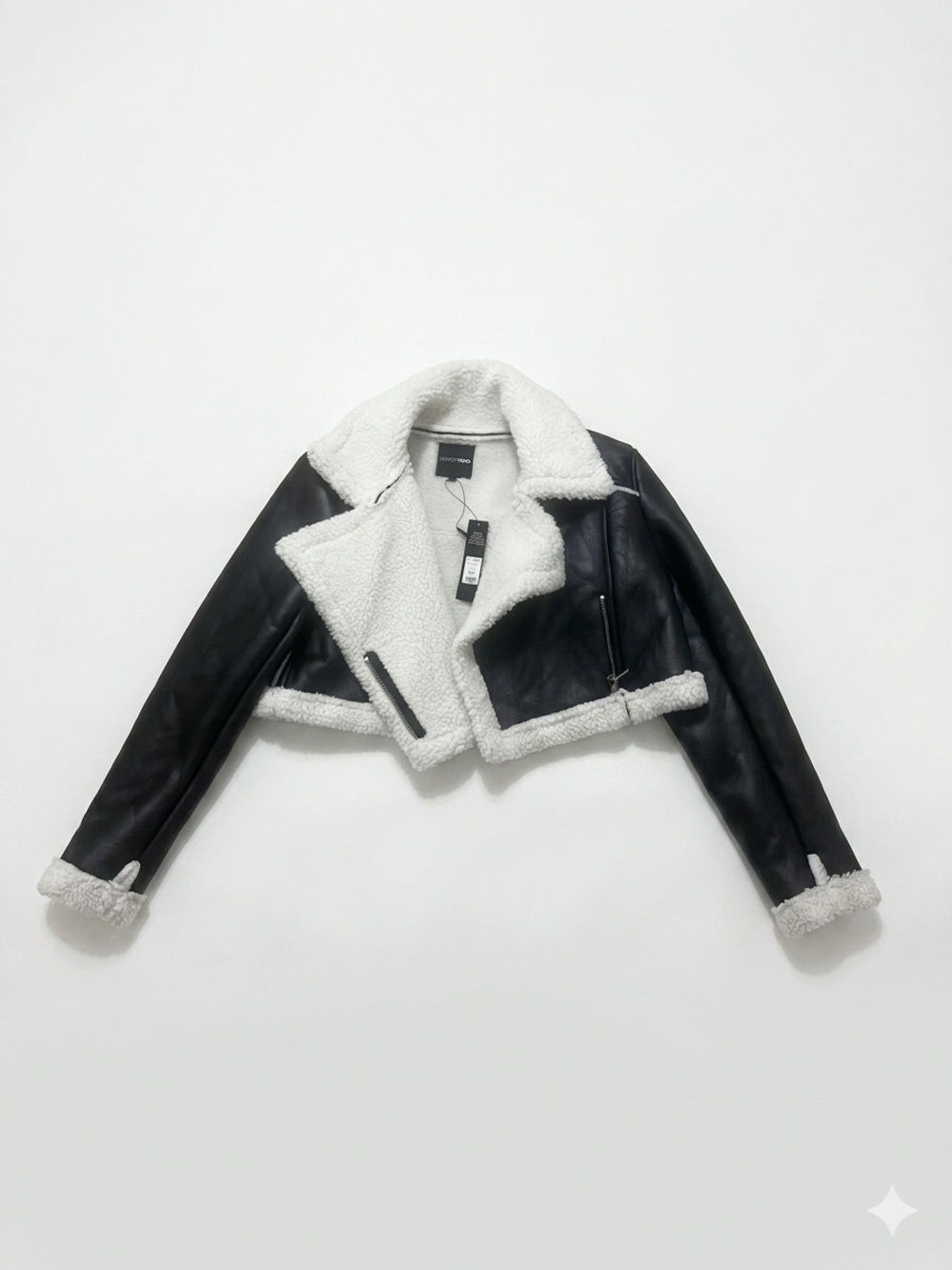 Fashion Nova Cropped Faux Leather Sherpa Moto Aviator Jacket Black White - Picture 3 of 5